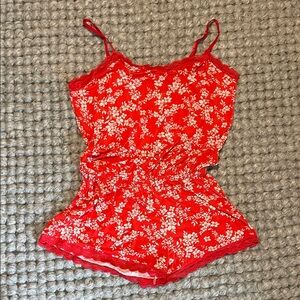 Stripe & Stare Red Ditsy Floral Lace Trim Sleep Romper Side Medium